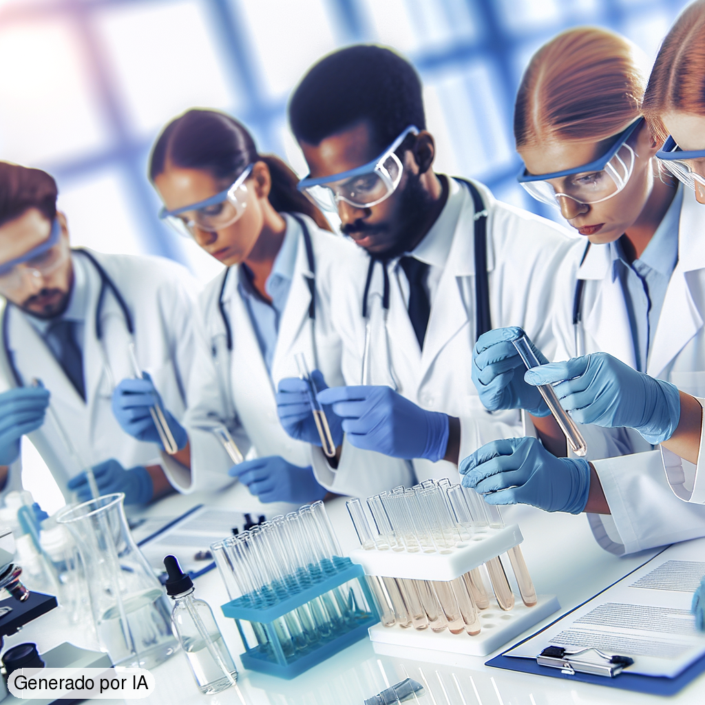 medicos trabajando en equipo con soluciones y diluciones en el laboratorio - Generado por IA